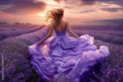 Young woman in a lilac dress walking in a lavender field