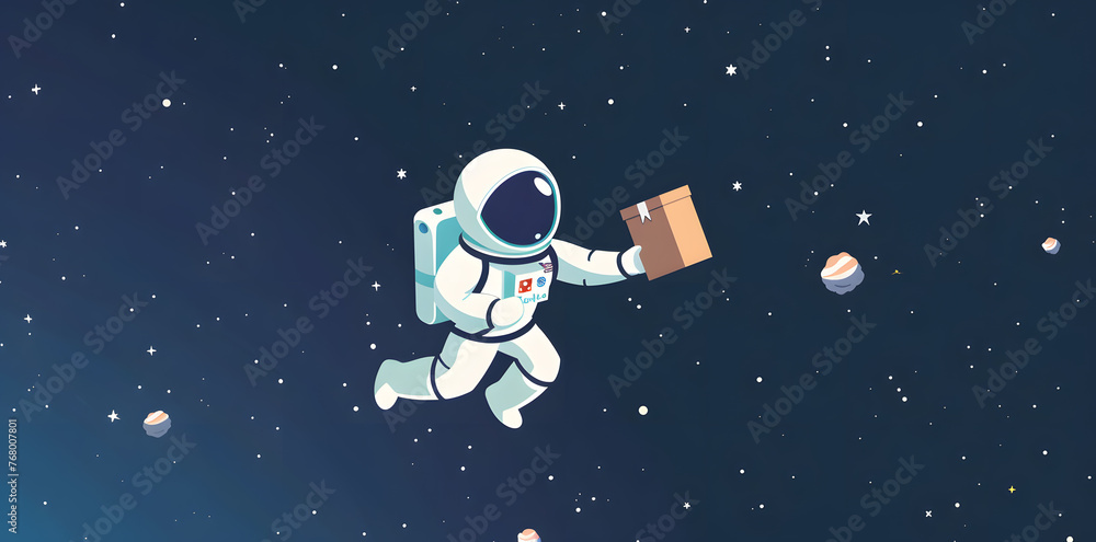 Astronaut with box delivery in space flat illustration Astronaut with box delivery in space flat illustration