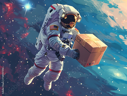 Astronaut with cardboard box delivery in space © Oksana