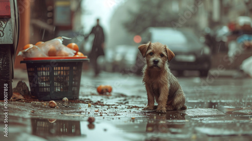 Stray homeless dog sad abandoned hungry puppy sitting alone in the street under rain dirty wet lost dog outdoors pets adoption shelter rescue help for pets photo