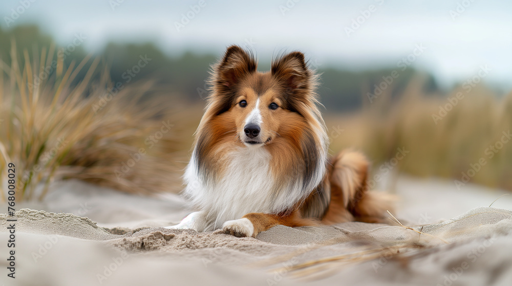 A young Shetland Sheepdog with a fluffy brown and white coat is lying down on top of a sandy beach A young Shetland Sheepdog with a fluffy brown and white coat is lying down on top of a sandy beach