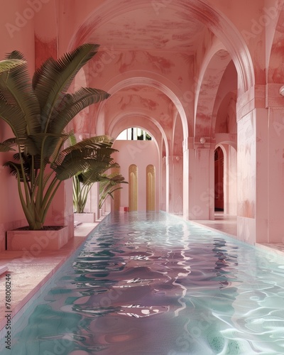A indoor beautiful pool in a minimalist arabic style construction in pink tones with palm trees © LidiaLens