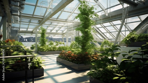 Natural yet modern indoor greenhouse atrium with retractable glass roof and integrated hydroponic systems