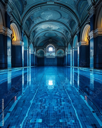 A indoor beautiful pool in a classic roman style construction in dark blue tones and yellow lights