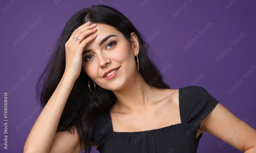 Fototapeta premium Positive women wear stylish clothes isolated on purple color background, wow summer sale concept