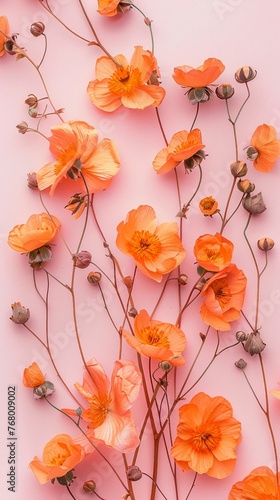 A flat lay top view of delicate orange blooms on a dreamy pastel pink backdrop, Pop art style