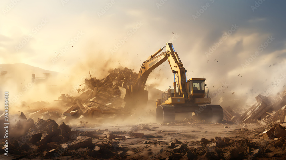 Heavy machinery at a construction site, with dust and debris in the air.