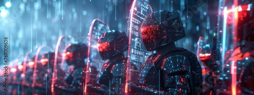 A group of robots are lined up with their hands on their hips. The robots are wearing helmets and are all facing the same direction. The image has a futuristic and militaristic feel to it photo