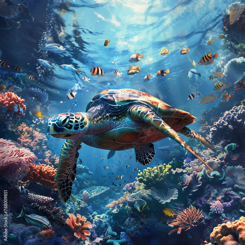 Turtle in a coral reef with corals and fish