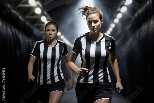 womens soccer football players A pre or post match shot entering or leaving stadium tunnel before after match dramatic tension builds from result of league cup tournament game black white kit