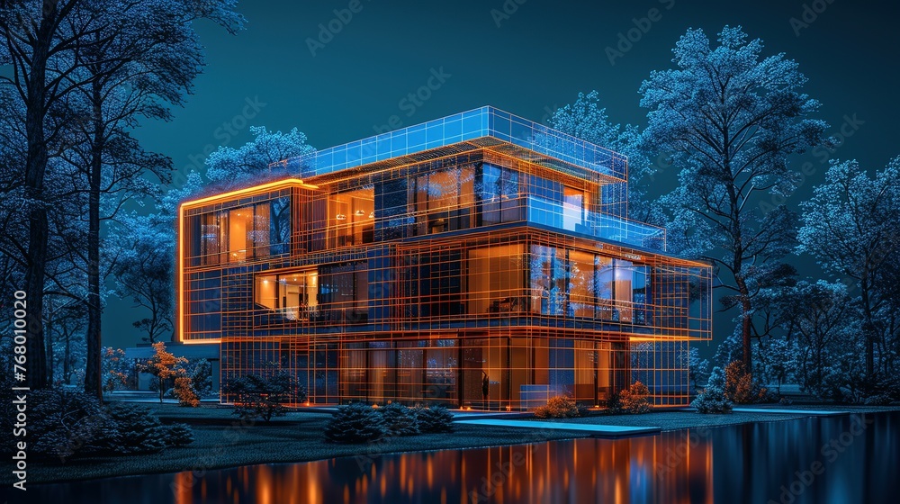 Design concept of a smart building. Engineering of smart building's autonomous control system. Communication design of an apartment house. Architectural drawing, blueprint of its facade Design concept of a smart building. Engineering of smart building's autonomous control system. Communication design of an apartment house. Architectural drawing, blueprint of its facade