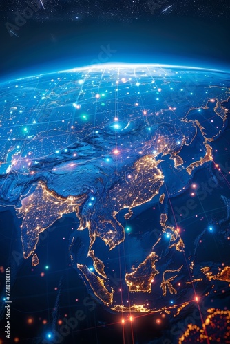 Globally connected world with a focus on Asia and the Middle East, showcasing the impact of technology and communication on a worldwide scale through data sharing and cyber advancements.