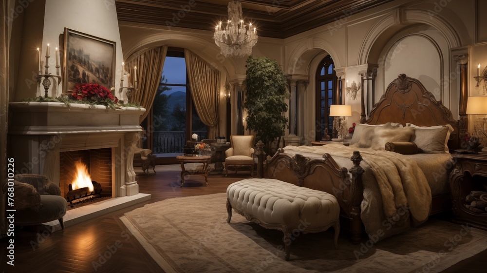 Opulent master bedroom suite with sitting room, fireplace, and private terrace