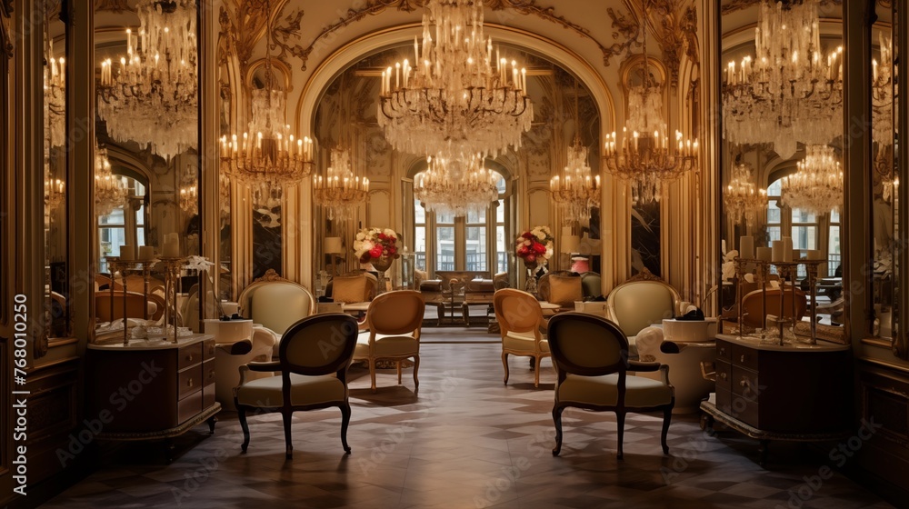Opulent Parisian-style salon with ornate chandeliers, gilt accents, and plush seating