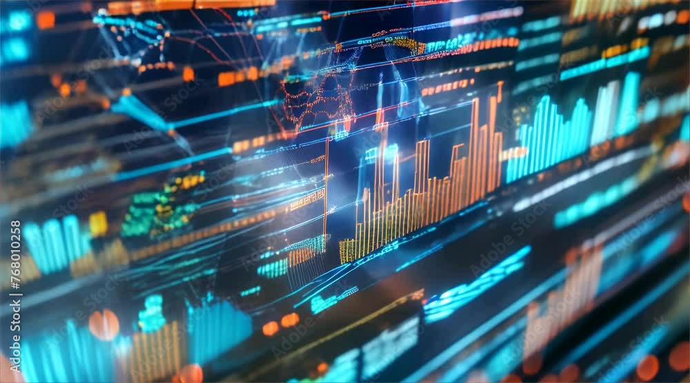 Close-up view of a futuristic financial data analysis dashboard with glowing graphs and stock market statistics.
Close-up view of a futuristic financial data analysis dashboard with glowing graphs and stock market statistics.
