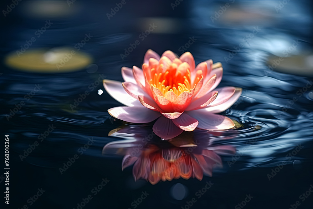 A beautiful pink flower is floating on the surface of a pond.