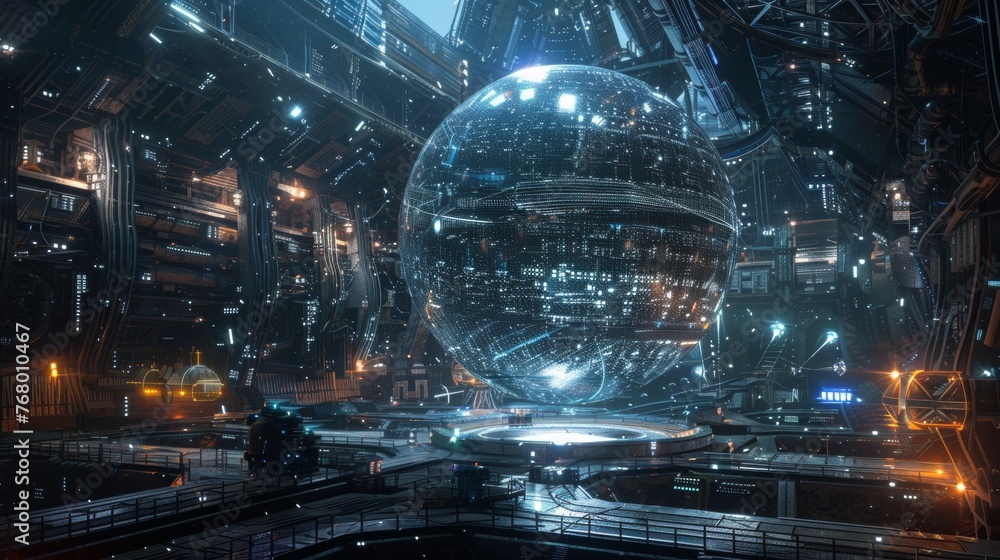 Virtual reality depiction of a Dyson Sphere with AI detailing the concept