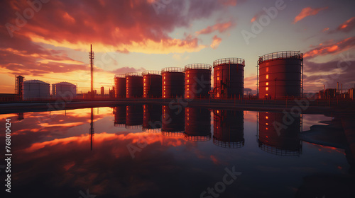 Industrial storage tanks reflecting the vibrant colors of a sunset.