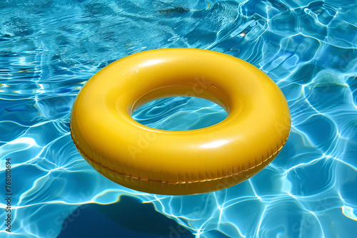 Photo of yellow swimming circle or donat lying in the pool. Summer vacation and rest concept