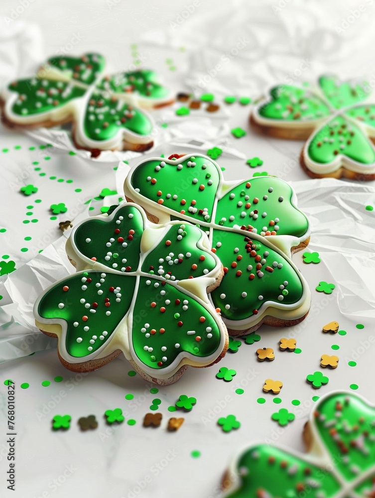 Create a digital artwork featuring Shamrock cookies adorned with chocolate glaze and sprinkles for St Patricks Day Create a digital artwork featuring Shamrock cookies adorned with chocolate glaze and sprinkles for St Patricks Day