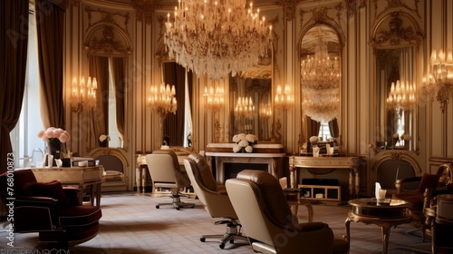 Opulent Parisian-style salon with ornate chandeliers, gilt accents, and plush seating © Aeman