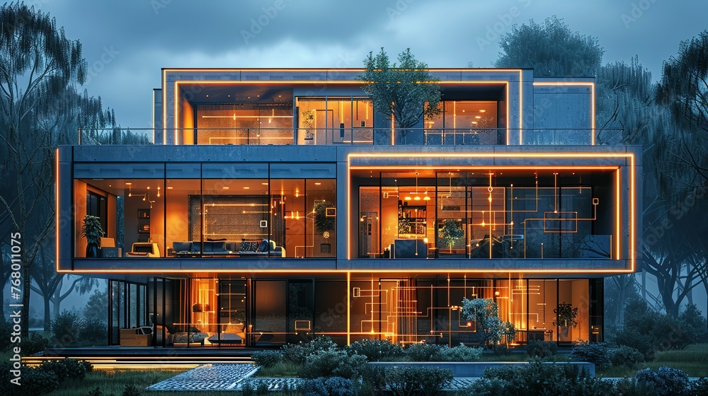 Obraz premium Design concept of a smart building. Engineering of smart building's autonomous control system. Communication design of an apartment house. Architectural drawing, blueprint of its facade