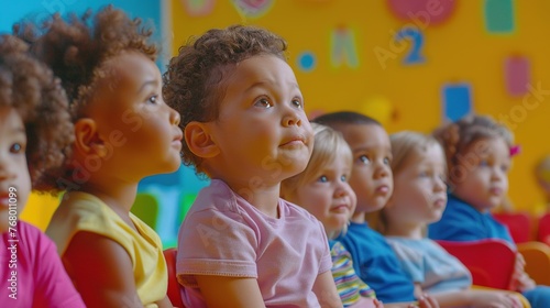 Cute Diverse Group of Toddlers Sitting in Classroom and Looking in Awe. Kid, Child, Children, Student, Diversity, Inclusion, Equality, Equity, Belonging, DEIB, Fun, Happy, Enjoy 