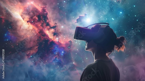 AI-assisted virtual reality dive into the heart of a nebula exploring the birthplace of stars with dynamic