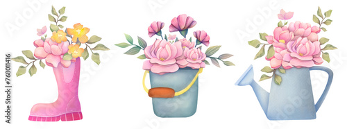 Watercolor flowers in unusual flowerpots illustration in Farmhouse style. pitcher, watering can, metal bucket, old rubber boots with pink bouquet. Provence hand painted set for scrapbooking, wedding photo