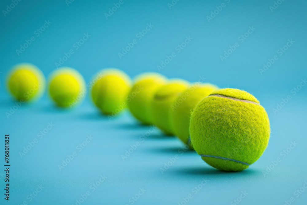 Row of Tennis Balls on Blue Surface with One in Front of Others