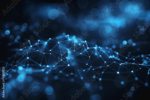 Abstract Technology Network of glowing blue mesh or interwoven lines on a dark background.