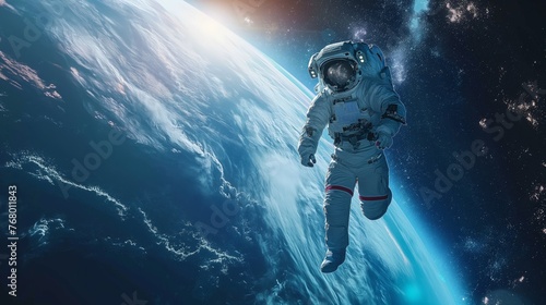 An astronaut drifts in the vastness of space with Earth's horizon and stars in the background.