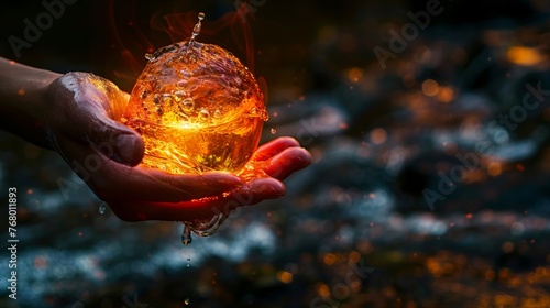 In a dark void, a hand with water revives a fiery globe, symbolizing a last chance at saving our burning planet, stock photographic style