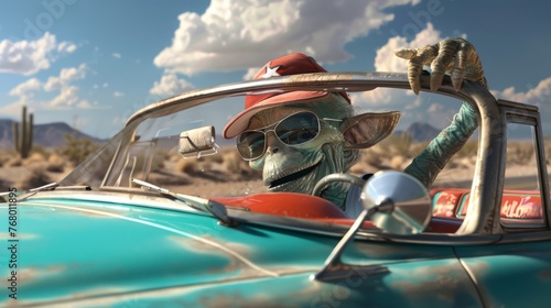 A stylized alien in sunglasses drives a classic convertible through a desert landscape, embodying adventure and humor.