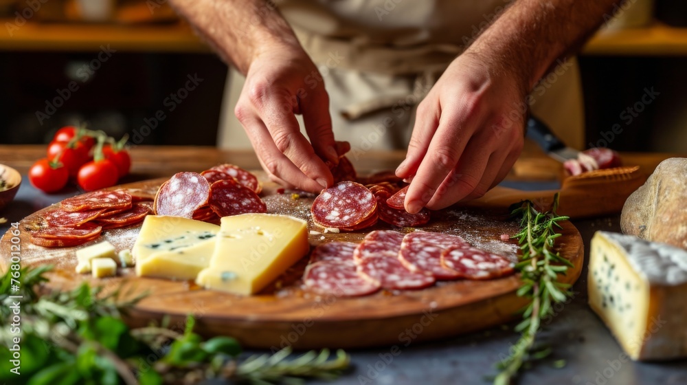 The cook is cooking Food tray with delicious salami, pieces of sliced ham, sausage, tomatoes, salad and vegetable - Meat platter with selection - Cutting sausage and cured meat on celebratory table.
