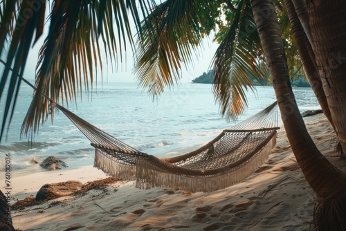 Tranquil Moment in a Hammock on a Tropical Beach with Palm Trees and Turquoise Waters, Ideal Getaway for Relaxation and Serenity photo