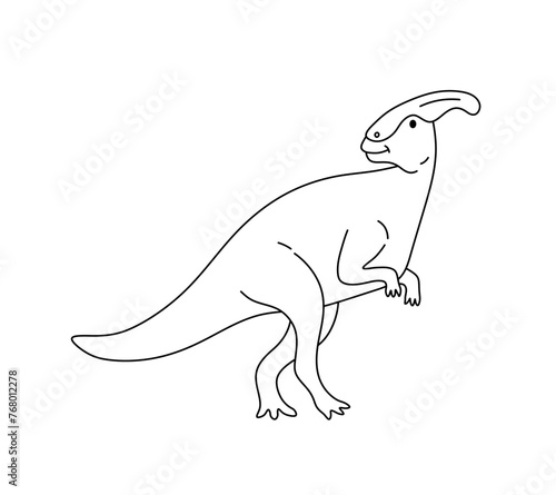 Vector isolated one single parasaurolophus dino on hind legs walking funny colorless black and white contour line easy drawing