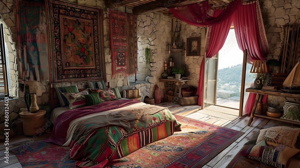 A bohemian-style bedroom with natural wood furniture, rattan accents, and plants, set in an open-plan apartment with large windows overlooking the garden