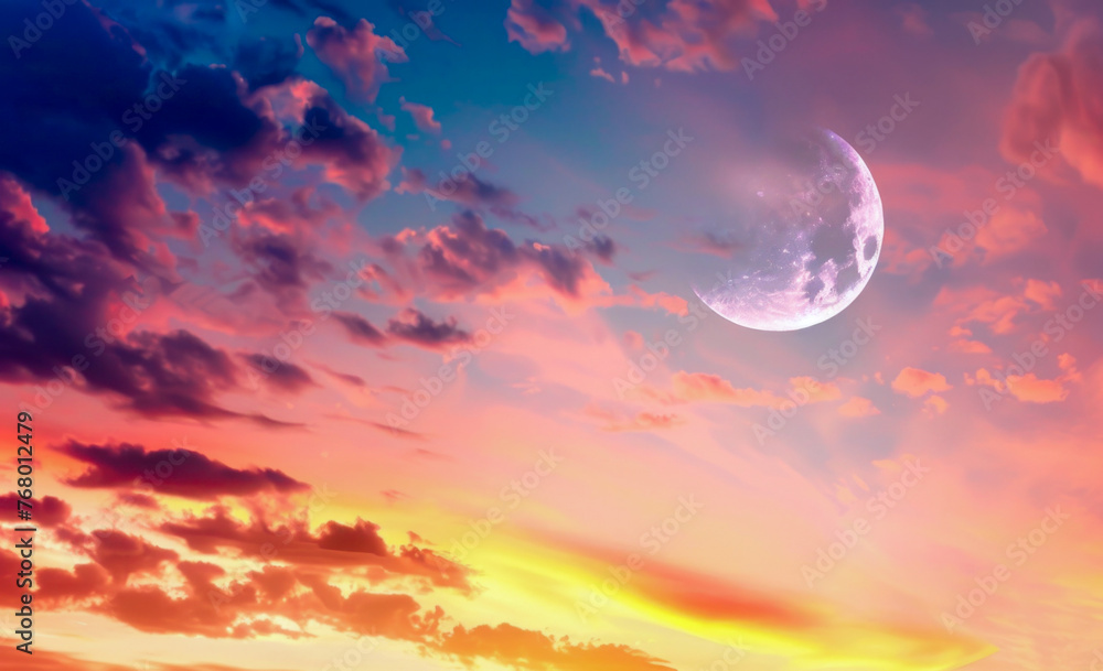 A serene and tranquil scene of a calm sea under a sunset sky, with the sun casting a warm glow through the clouds, creating a breathtaking vista