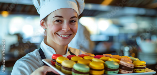 A chef displays a platter of vibrant macarons with pride, her eyes shining photo