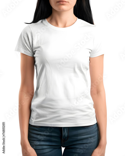 Woman wearing t-shirt on blank background. Women's white t-shirt mockup, front view, no design on the shirt. 