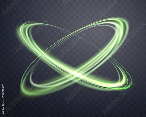 Green magic glowing ring. Neon realistic energy flare halo ring. Abstract light effect on a dark transparent background. Vector illustration.