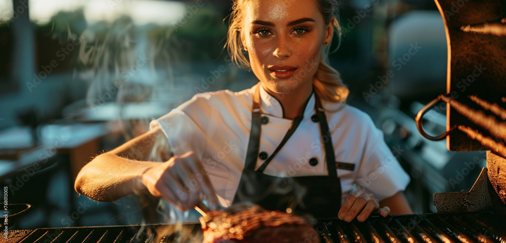 A culinary expert confidently searing a steak, her eyes reflecting the heat of the grill