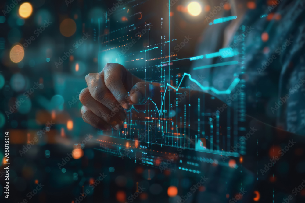 Digital businessman hand drawing growth graphs and financial data with hologram charts. Digital businessman hand drawing growth graphs and financial data with hologram charts.