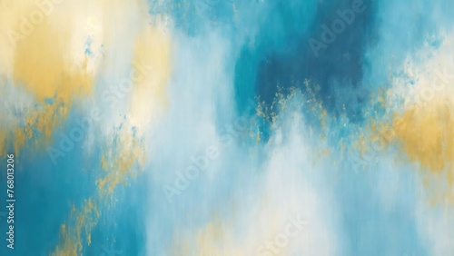 Abstract Blue, Teal Gold and Gray art. Hand drawn by dry brush of paint background texture. Oil painting style