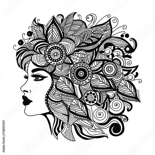 Vector illustration of zentangle woman's face profile on white separate background