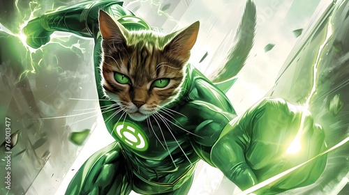 A brown and white cat in Green Lantern suit, with the lantern emblem on chest