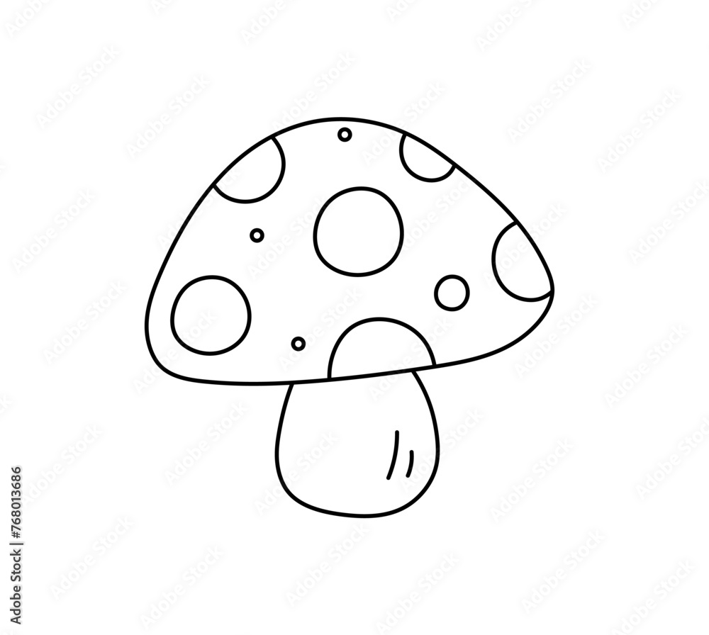 Vector isolated one single little mushroom fly agaric on a short leg kids colorless black and white contour line easy drawing Vector isolated one single little mushroom fly agaric on a short leg kids colorless black and white contour line easy drawing