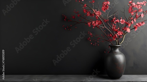 A Chinese porcelain vase with delicate floral patterns, adorned with peach blossoms and leaves, stands against the backdrop of an empty black wal
