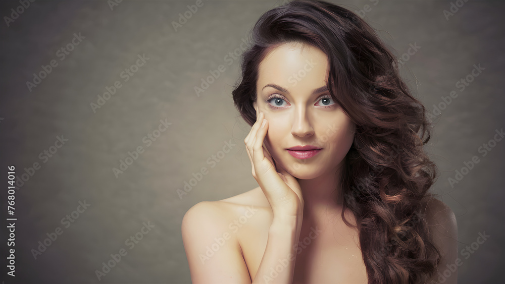 Naklejka premium Portrait of a young woman with long curly hair.